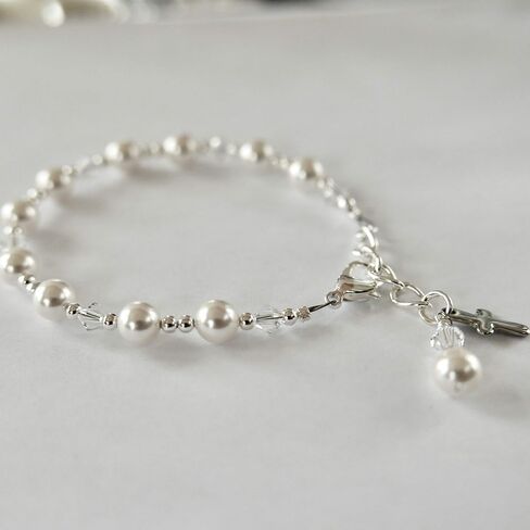 Crystal Pearl First Communion Bracelet for Girls Single Decade Rosary Bracelet with Cross Charm Catholic Baptism Gift, Flower Girl Jewelry, Keepsake Communion Bracelet in Saudi Arabia