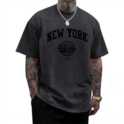 New York T Shirt Acid Wash Oversized Tshirts for Men 1987 Vintage Graphic Tees Y2k Inspirational Streetwear Shirts in Saudi Arabia