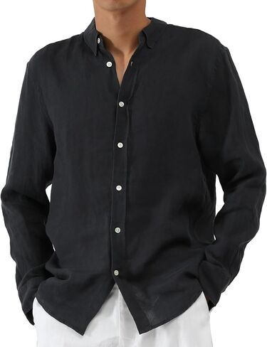 100% Linen Shirt for Men Women Long Sleeve Button Down Relaxed Fit in White and Navy in Kuwait