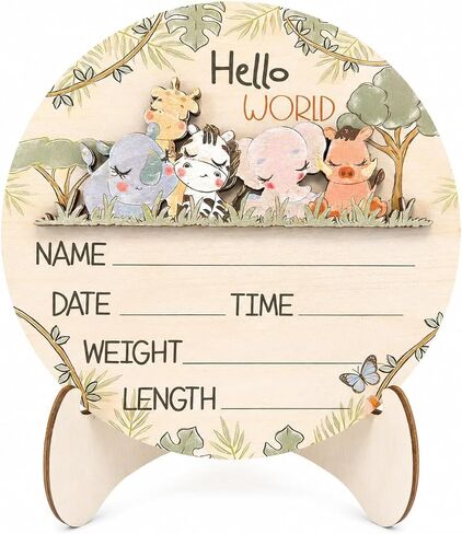 Wooden Hello World Newborn Sign with Stand Safari Baby Name Sign | Wooden safari newborn sign with stand for hospital photos and nursery decor. in Saudi Arabia