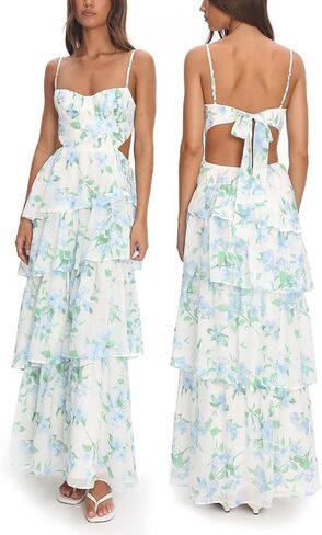 Women's Floral Maxi Dress Spaghetti Strap Sleeveless Bow Back Ruffle Flowy Tiered Summer Long Dresses in Saudi Arabia