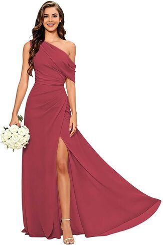 KDTM Chiffon One Shoulder Bridesmaids Dresses for Women Long Mermaid Pleated Formal Evening Dress with Slit in Saudi Arabia