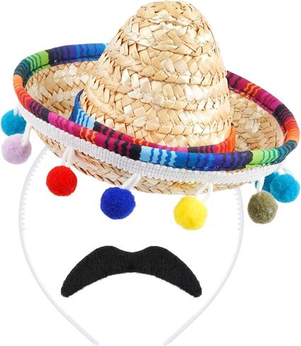 Ishua Mexican Sombrero Straw Hat Headband with Fake Mustache for Adults Party Supplies, Cinco De Mayo Theme Decorations, Fiesta Party Photo Props in Saudi Arabia