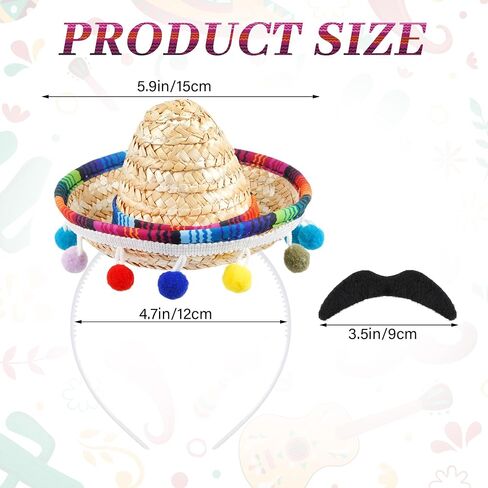 Ishua Mexican Sombrero Straw Hat Headband with Fake Mustache for Adults Party Supplies, Cinco De Mayo Theme Decorations, Fiesta Party Photo Props in Saudi Arabia