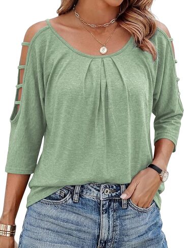 Jar of Love Women's Cold Shoulder Tops 3/4 Sleeve T-Shirts with Pleated T-Shirt for Women Tunic Tops in Saudi Arabia