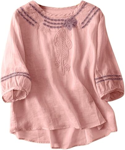 Women's Cotton Linen Shirts Summer Casual 3/4 Sleeve Button Down Tunic Blouses Tops Boho Embroidered Floral Dressy in Kuwait