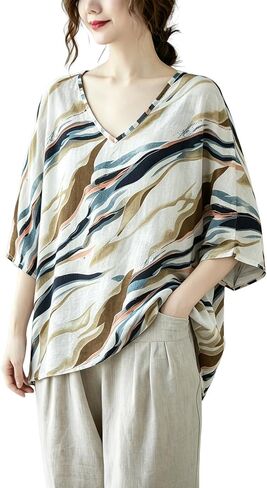 Women's V Neck Printed Viscose Blouse, Loose Fit Batwing Sleeve Summer Casual Lightweight Breathable Tunic Tops in Saudi Arabia