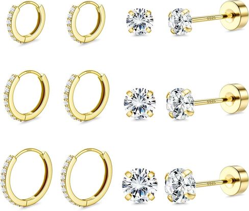 MILACOLATO 6 Pairs 925 Sterling Silver Earrings for Women Men 14K Gold Plated Small Silver Gold Huggie Hoop Earrings Flat Back Stud Earrings Hypoallergenic Cartilage Helix Sleeper Hoop Earrings Sets for Multiple Piercing in Kuwait