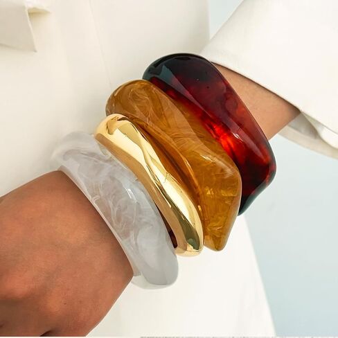 Salircon Chunky Acrylic Resin Bangle Bracelets for Women, Irregular Cuff Colorful Bangle Geometric Wide Wristbands Bracelets Acetate Jewelry Set in Saudi Arabia
