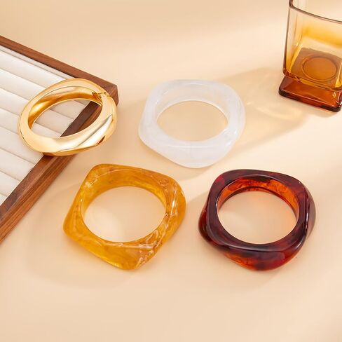 Salircon Chunky Acrylic Resin Bangle Bracelets for Women, Irregular Cuff Colorful Bangle Geometric Wide Wristbands Bracelets Acetate Jewelry Set in Saudi Arabia