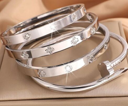 Stainless Steel Silver Bracelets for Women – 4PCS Stackable Bangles with Lucky Clover & Nail Design in Kuwait
