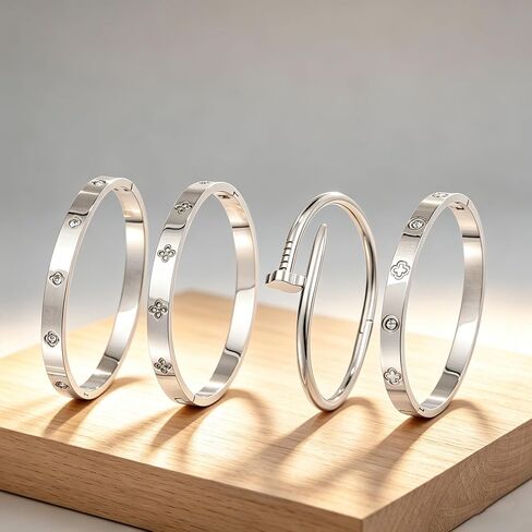Stainless Steel Silver Bracelets for Women – 4PCS Stackable Bangles with Lucky Clover & Nail Design in Kuwait