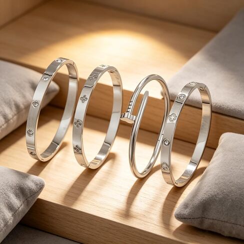 Stainless Steel Silver Bracelets for Women – 4PCS Stackable Bangles with Lucky Clover & Nail Design in Kuwait