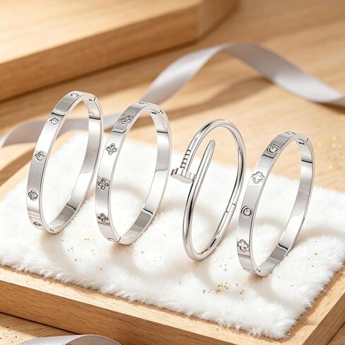Stainless Steel Silver Bracelets for Women – 4PCS Stackable Bangles with Lucky Clover & Nail Design in Kuwait