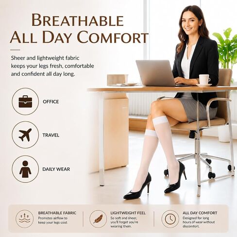 Women Sheer Knee High Stockings, 20 Denier, Lightweight, Everyday Wear in Saudi Arabia