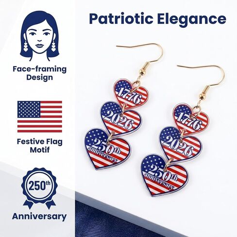 July 4th Independence Day Earrings American Flag USA 250th Anniversary Merchandise 1776 2026 250th Anniversary Celebration Gift Red White Blue USA Earring in Kuwait