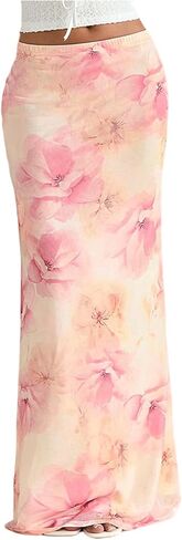 SHENHE Women's Mid Low Waist Floral Pattern Double Layered Mesh Fishtail Flowy Maxi Skirt in Kuwait