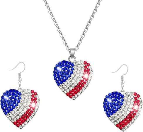 4th of July Earring Necklace Set for Women Rhinestone Sparking Star Heart Necklace Red White and Blue Memorial Day Patriotic American Flag Earrings Accessorie Outfits in Kuwait