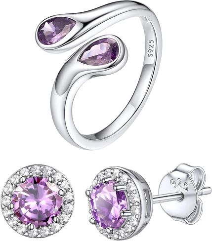 Bestyle Sterling Silver Birthstone Earrings & Rings Set, June Purple Alexandrite Earrings for Women in Kuwait