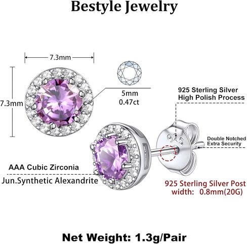 Bestyle Sterling Silver Birthstone Earrings & Rings Set, June Purple Alexandrite Earrings for Women in Kuwait