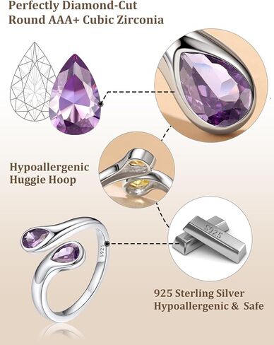 Bestyle Sterling Silver Birthstone Earrings & Rings Set, June Purple Alexandrite Earrings for Women in Kuwait