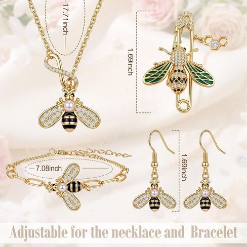 Sureio 4 Pcs Bee Jewelry Gift Set for Women, Yellow Gold Crystal Copper Bee Earrings, Bracelet, Necklace and Brooch Pin for Animal Jewelry Accessory Gift for Women in Kuwait