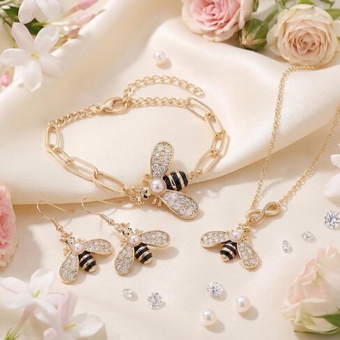 Sureio 4 Pcs Bee Jewelry Gift Set for Women, Yellow Gold Crystal Copper Bee Earrings, Bracelet, Necklace and Brooch Pin for Animal Jewelry Accessory Gift for Women in Kuwait