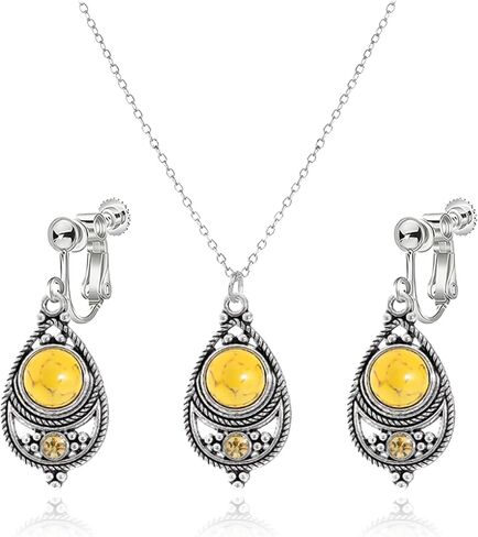 Bohemian Western Natural Turquoise Clip-On Earrings and Necklace Set for Women Handmade Silver Teardrop Dangle Earrings Statement Cowgirl Teardrop Necklace Boho Ethnic Style for Non-Pierced Ears in Saudi Arabia