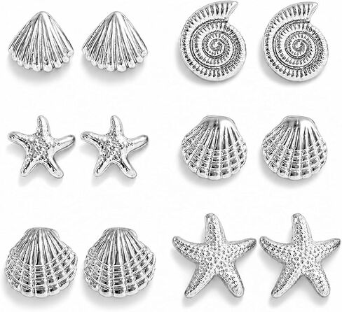 3/6 Pairs starfish earrings Beach seashell Earrings for Women vacation beachy shell earrings 14K Gold Starfish Seashell Stud Earrings Set 2026 Summer Tropical Vacation Outfits Beach Clothes Dresses in Saudi Arabia