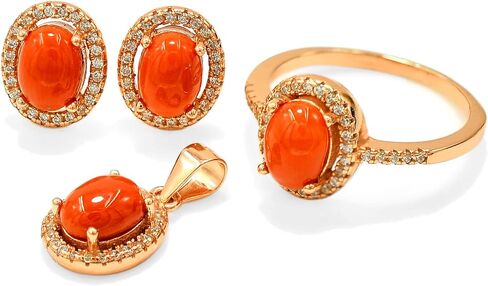 5 Cts Natural Red Coral Cabochon Gemstone Ring Earring Pendant Women Jewelry Set 925 Sterling Silver May Birthstone Wedding Jewelry For Bridal Gift in Kuwait