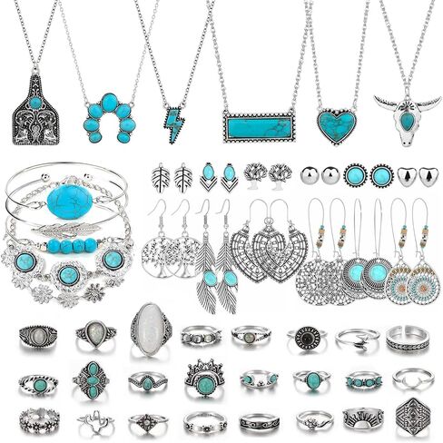 59Pcs Boho Western Jewelry Set for Women, Turquoise Style Necklace Earrings Bracelets and Rings Set, Vintage Silver Tone Cowgirl Jewelry Country Concert Assorted Accessories in Kuwait