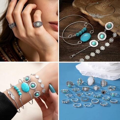 59Pcs Boho Western Jewelry Set for Women, Turquoise Style Necklace Earrings Bracelets and Rings Set, Vintage Silver Tone Cowgirl Jewelry Country Concert Assorted Accessories in Kuwait