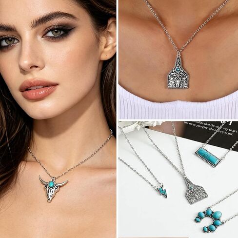 59Pcs Boho Western Jewelry Set for Women, Turquoise Style Necklace Earrings Bracelets and Rings Set, Vintage Silver Tone Cowgirl Jewelry Country Concert Assorted Accessories in Kuwait