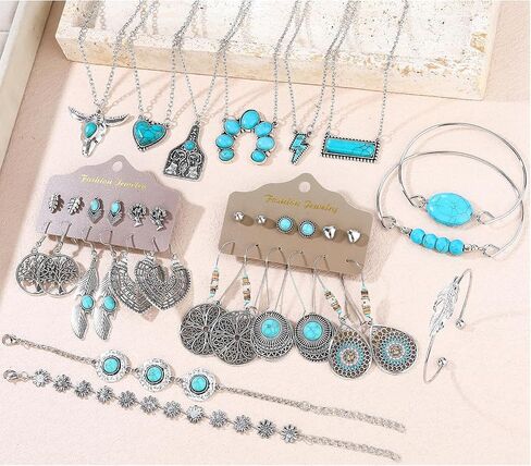59Pcs Boho Western Jewelry Set for Women, Turquoise Style Necklace Earrings Bracelets and Rings Set, Vintage Silver Tone Cowgirl Jewelry Country Concert Assorted Accessories in Kuwait