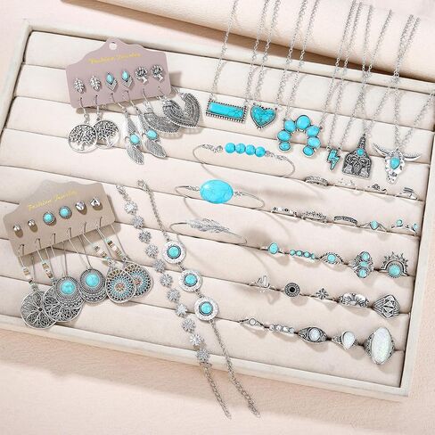 59Pcs Boho Western Jewelry Set for Women, Turquoise Style Necklace Earrings Bracelets and Rings Set, Vintage Silver Tone Cowgirl Jewelry Country Concert Assorted Accessories in Kuwait