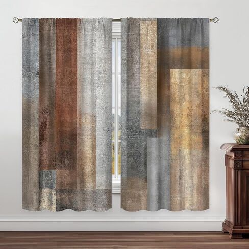 Abstract Brown Grey Curtains 42Wx63H Inch Rod Pocket Rustic Vintage Geometric Blocks Farmhouse Country Minimalist Art Printed Simple Living Room Bedroom Window Drapes Treatment 2 Panels in Saudi Arabia