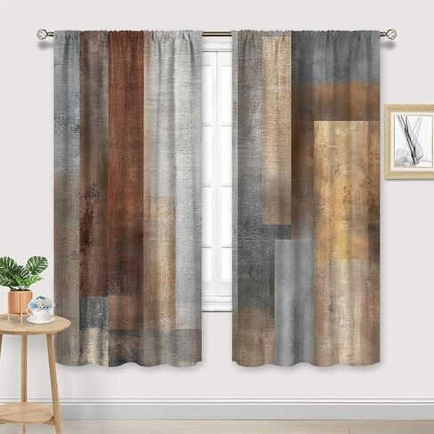 Abstract Brown Grey Curtains 42Wx63H Inch Rod Pocket Rustic Vintage Geometric Blocks Farmhouse Country Minimalist Art Printed Simple Living Room Bedroom Window Drapes Treatment 2 Panels in Saudi Arabia