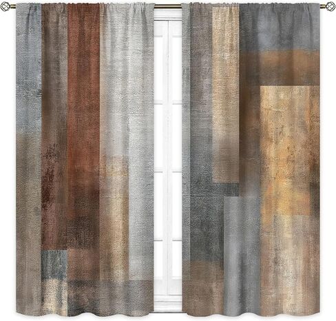 Abstract Brown Grey Curtains 42Wx63H Inch Rod Pocket Rustic Vintage Geometric Blocks Farmhouse Country Minimalist Art Printed Simple Living Room Bedroom Window Drapes Treatment 2 Panels in Saudi Arabia