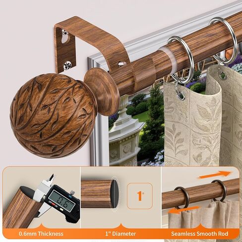 Wood Curtain Rods for Windows 18 to 45 Inch, 1" Adjustable Heavy Duty Boho Drapery Rod Decorative Curtain Rods with Finials Rustic Window Treatment Rods for Kitchen Farmhouse Bedroom Patio in Saudi Arabia