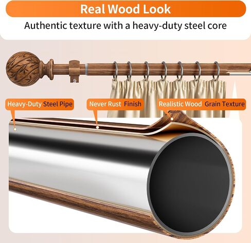 Wood Curtain Rods for Windows 18 to 45 Inch, 1" Adjustable Heavy Duty Boho Drapery Rod Decorative Curtain Rods with Finials Rustic Window Treatment Rods for Kitchen Farmhouse Bedroom Patio in Saudi Arabia