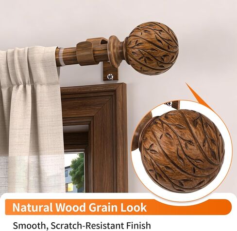 Wood Curtain Rods for Windows 18 to 45 Inch, 1" Adjustable Heavy Duty Boho Drapery Rod Decorative Curtain Rods with Finials Rustic Window Treatment Rods for Kitchen Farmhouse Bedroom Patio in Saudi Arabia