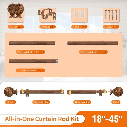 Wood Curtain Rods for Windows 18 to 45 Inch, 1" Adjustable Heavy Duty Boho Drapery Rod Decorative Curtain Rods with Finials Rustic Window Treatment Rods for Kitchen Farmhouse Bedroom Patio in Saudi Arabia