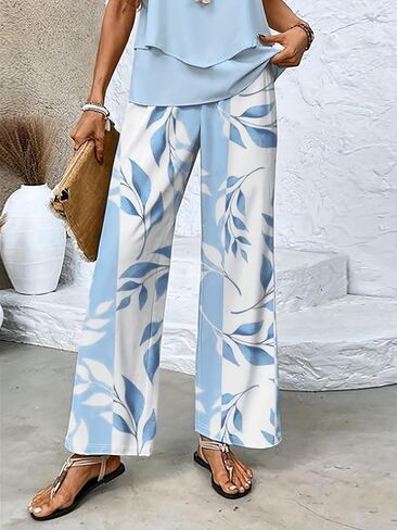 بنطال نسائي بطبعة أوراق شجر عالي الخصر وواسع الساق، مريح كاجوال صيفي لقضاء العطلات على الشاطئ in Kuwait
