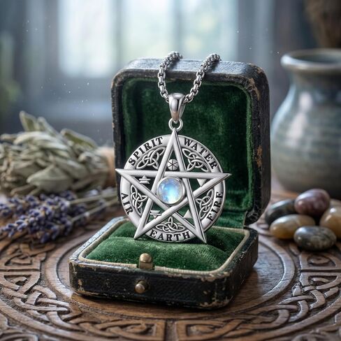 Pentagram Pentacle Necklace Moonstone Pentagram Pentacle Pendant Necklace 18K White Gold Plating with Oxidation Process Celtic Knot Tetragrammaton Jewelry for Women in Saudi Arabia