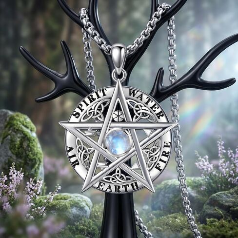 Pentagram Pentacle Necklace Moonstone Pentagram Pentacle Pendant Necklace 18K White Gold Plating with Oxidation Process Celtic Knot Tetragrammaton Jewelry for Women in Saudi Arabia