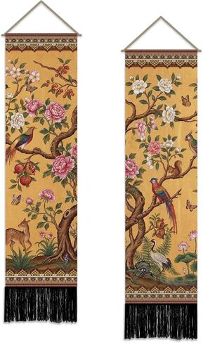 SUPERDANT 2 Pcs Vintage Flowers and Birds Tapestry Vertical Chinese Wall Hanging 51.2x13 Inch/130x33cm Polyester Narrow Wall Art for Bedroom Hallway Living Room Colorful in Kuwait