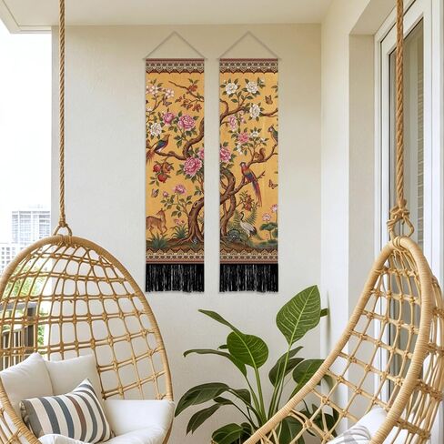 SUPERDANT 2 Pcs Vintage Flowers and Birds Tapestry Vertical Chinese Wall Hanging 51.2x13 Inch/130x33cm Polyester Narrow Wall Art for Bedroom Hallway Living Room Colorful in Kuwait