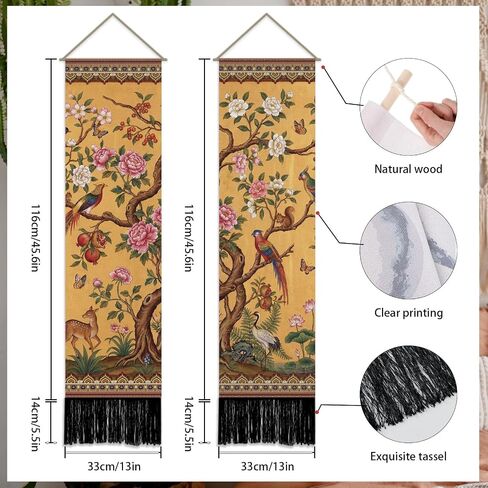 SUPERDANT 2 Pcs Vintage Flowers and Birds Tapestry Vertical Chinese Wall Hanging 51.2x13 Inch/130x33cm Polyester Narrow Wall Art for Bedroom Hallway Living Room Colorful in Kuwait