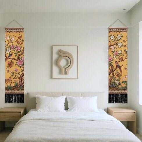 SUPERDANT 2 Pcs Vintage Flowers and Birds Tapestry Vertical Chinese Wall Hanging 51.2x13 Inch/130x33cm Polyester Narrow Wall Art for Bedroom Hallway Living Room Colorful in Kuwait