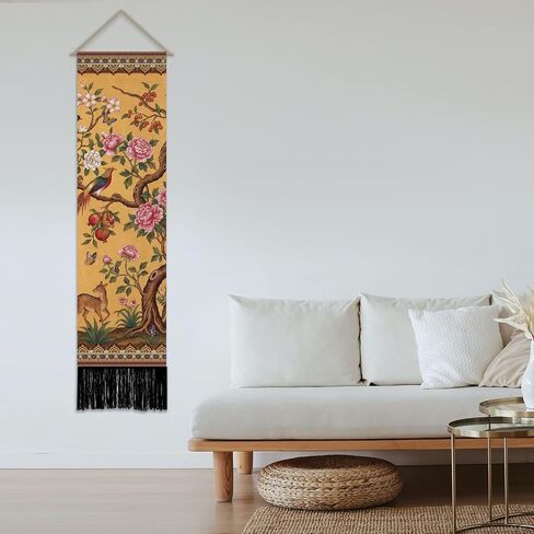 SUPERDANT 2 Pcs Vintage Flowers and Birds Tapestry Vertical Chinese Wall Hanging 51.2x13 Inch/130x33cm Polyester Narrow Wall Art for Bedroom Hallway Living Room Colorful in Kuwait